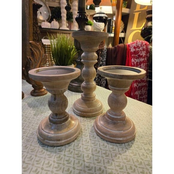 Set Of 3 Wood Mela Artesian Candle Holders - Picture 1 of 3